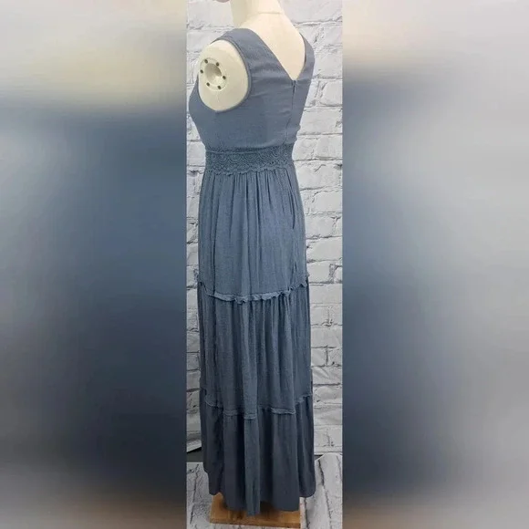 Rebellion Again Ruffled Boho Lace Maxi Dress V-Neck Dark Blue Rayon Y2K Size  XS - Picture 11 of 16